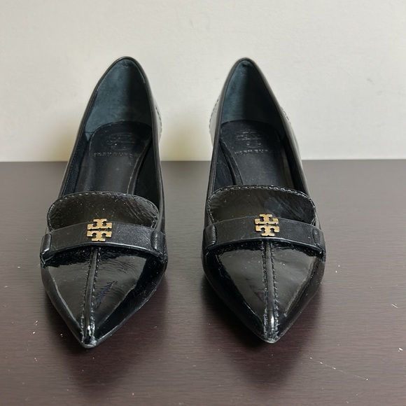 Tory Burch Eliza Pumps Black Kitten Heels Leather Point Toe Career Designer Sz 5 - Picture 5 of 10